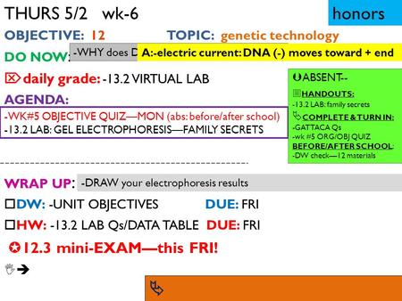THURS 5/2 wk-6 OBJECTIVE: 12 TOPIC: genetic technology DO NOW :  daily grade: -13.2 VIRTUAL LAB AGENDA: WRAP UP :  DW: -UNIT OBJECTIVESDUE: FRI  HW:
