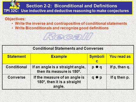 Section 2-2: Biconditional and Definitions TPI 32C: Use inductive and deductive reasoning to make conjectures Objectives: Write the inverse and contrapositive.