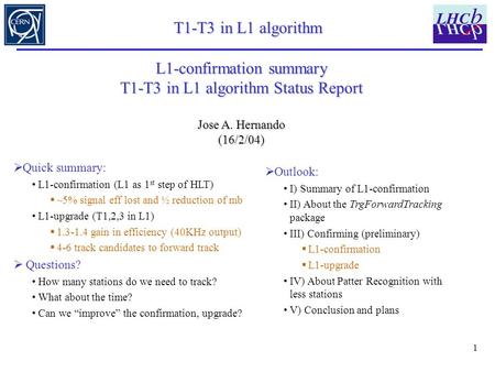 1 T1-T3 in L1 algorithm  Outlook: I) Summary of L1-confirmation II) About the TrgForwardTracking package III) Confirming (preliminary)  L1-confirmation.