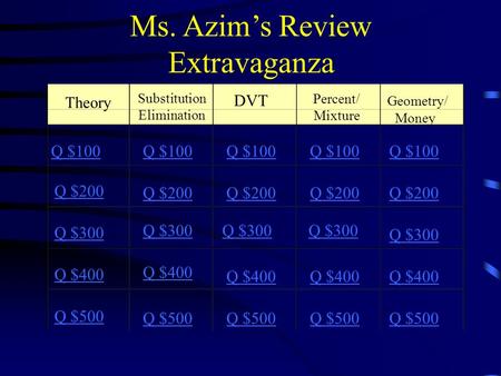 Ms. Azim’s Review Extravaganza Theory Substitution Elimination DVT Percent/ Mixture Geometry/ Money Q $100 Q $200 Q $300 Q $400 Q $500 Q $100 Q $200 Q.
