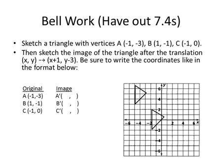 Bell Work (Have out 7.4s) Sketch a triangle with vertices A (-1, -3), B (1, -1), C (-1, 0). Then sketch the image of the triangle after the translation.