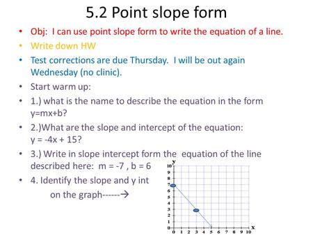 5.2 Point slope form Obj: I can use point slope form to write the equation of a line. Write down HW Test corrections are due Thursday. I will be out again.