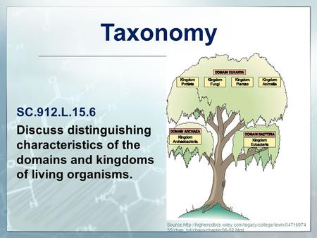 Taxonomy SC.912.L.15.6 Discuss distinguishing characteristics of the domains and kingdoms of living organisms. To the Teacher: Source:http://higheredbcs.wiley.com/legacy/college/levin/0471697435/chap_tut/chaps/chapter06-02.html.