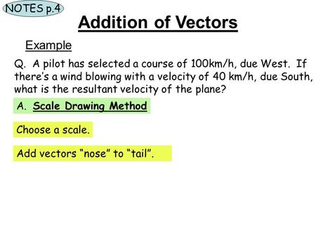 Addition of Vectors Example Q. A pilot has selected a course of 100km/h, due West. If there’s a wind blowing with a velocity of 40 km/h, due South, what.