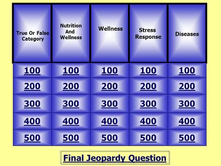 Final Jeopardy Question True Or False Category Nutrition And Wellness 100 Stress Response Diseases 500 400 300 200 100 200 300 400 500 Wellness.