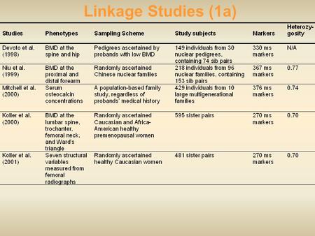 Linkage Studies (1a) Linkage Studies (1b) Power of 595 independent sib pairs (Koller et al. 2000) and 53 pedigrees composed of 630 individuals (Deng.