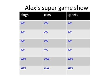 Alex`s super game show dogscarssports 100 200 300 400 1000 1500.
