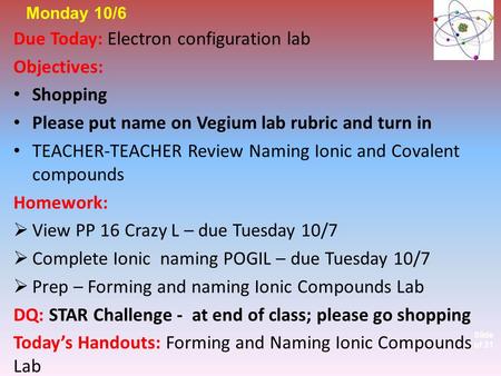 Slide 1 of 21 Due Today: Electron configuration lab Objectives: Shopping Please put name on Vegium lab rubric and turn in TEACHER-TEACHER Review Naming.