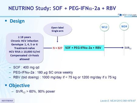 SOF + PEG-IFN  -2a + RBV Open-label Single arm ≥ 18 years Chronic HCV infection Genotype 1, 4, 5 or 6 Treatment-naïve HCV RNA ≥ 10,000 IU/ml Compensated.