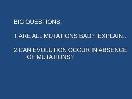 BIG QUESTIONS: 1.ARE ALL MUTATIONS BAD? EXPLAIN.. 2.CAN EVOLUTION OCCUR IN ABSENCE OF MUTATIONS?