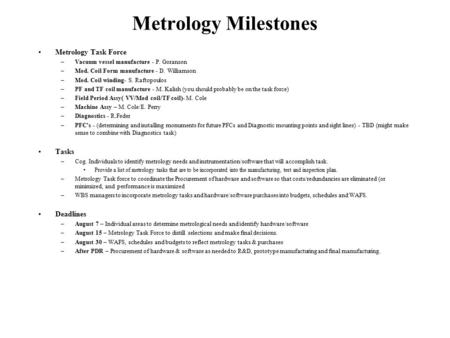 Metrology Milestones Metrology Task Force –Vacuum vessel manufacture - P. Goranson –Mod. Coil Form manufacture - D. Williamson –Mod. Coil winding- S. Raftopoulos.