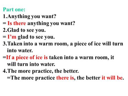 Part one: 1.Anything you want? = Is there anything you want? 2.Glad to see you. = I’m glad to see you. 3.Taken into a warm room, a piece of ice will turn.