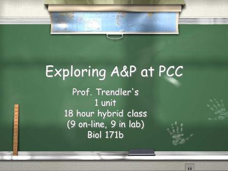 Exploring A&P at PCC Prof. Trendler's 1 unit 18 hour hybrid class (9 on-line, 9 in lab) Biol 171b Prof. Trendler's 1 unit 18 hour hybrid class (9 on-line,