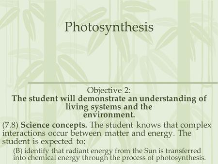 Photosynthesis Objective 2: The student will demonstrate an understanding of living systems and the environment. (7.8) Science concepts. The student knows.