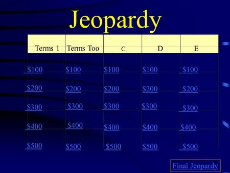 Jeopardy Terms 1 Terms Too C D E $100 $200 $300 $400 $500 $100 $200 $300 $400 $500 Final Jeopardy.