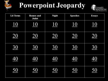 Powerpoint Jeopardy Lit TermsRomeo and Juliet NightSpeechesEssays 10 20 30 40 50.