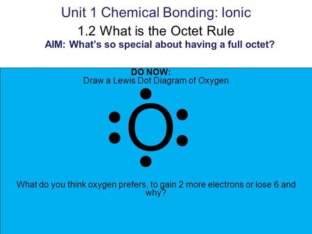 Unit 1 Chemical Bonding: Ionic 1.2 What is the Octet Rule AIM: What’s so special about having a full octet? DO NOW: Draw a Lewis Dot Diagram of Oxygen.