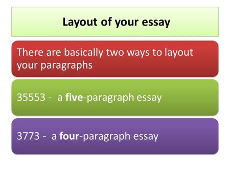 Layout of your essay There are basically two ways to layout your paragraphs 35553 - a five-paragraph essay3773 - a four-paragraph essay.