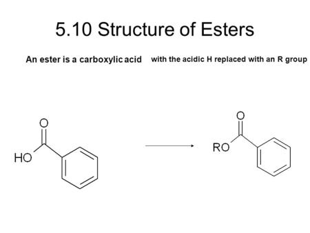 5.10 Structure of Esters An ester is a carboxylic acid with the acidic H replaced with an R group.