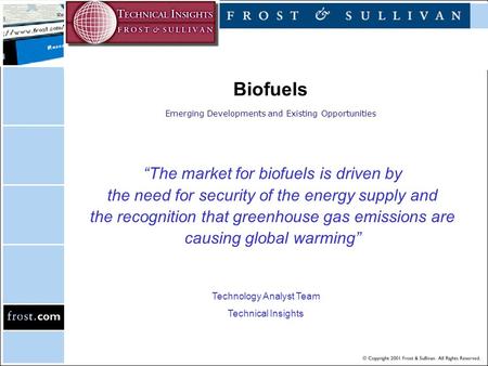 Biofuels Emerging Developments and Existing Opportunities “The market for biofuels is driven by the need for security of the energy supply and the recognition.