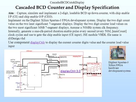 CascadedBCDCntr&Display Aim : Capture, simulate and implement a 2-digit, loadable BCD up/down counter, with chip enable I/P (CE) and chip enable O/P (CEO).