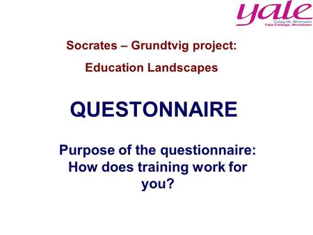 QUESTONNAIRE Purpose of the questionnaire: How does training work for you? Socrates – Grundtvig project: Education Landscapes.