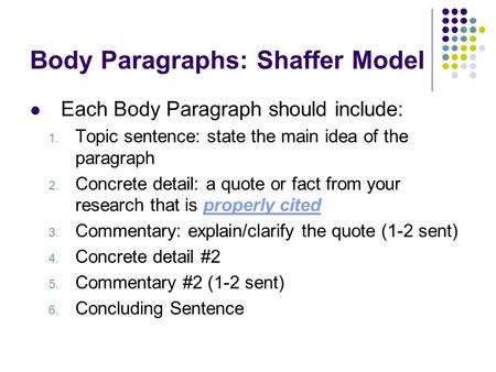 Body Paragraphs: Shaffer Model Each Body Paragraph should include: 1. Topic sentence: state the main idea of the paragraph 2. Concrete detail: a quote.