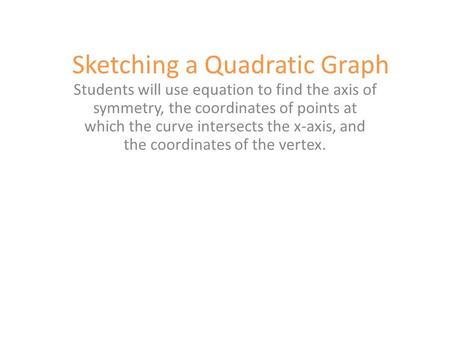 Sketching a Quadratic Graph Students will use equation to find the axis of symmetry, the coordinates of points at which the curve intersects the x-axis,
