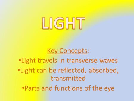 Key Concepts: Light travels in transverse waves Light can be reflected, absorbed, transmitted Parts and functions of the eye.