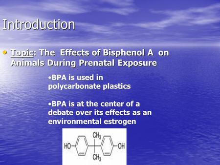 Introduction Topic: The Effects of Bisphenol A on Animals During Prenatal Exposure Topic: The Effects of Bisphenol A on Animals During Prenatal Exposure.