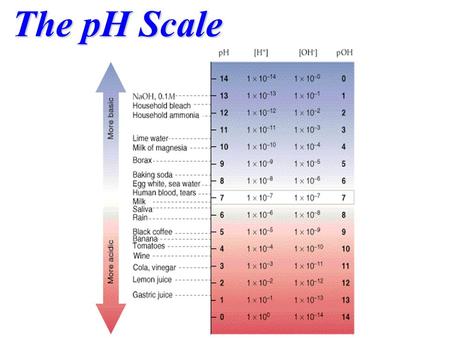 The pH Scale. [H + ]pHExample Acids 1 X 10 0 0HCl 1 x 10 -1 1Stomach acid 1 x 10 -2 2Lemon juice 1 x 10 -3 3Vinegar 1 x 10 -4 4Soda 1 x 10 -5 5Rainwater.