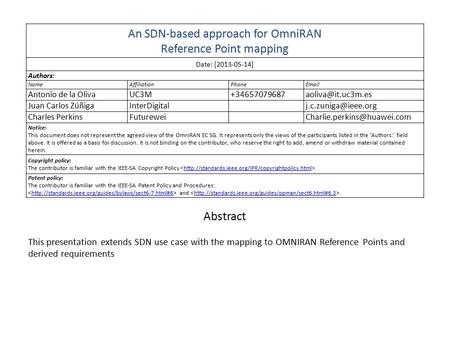 An SDN-based approach for OmniRAN Reference Point mapping Date: [2013-05-14] Authors: NameAffiliationPhone Antonio de la