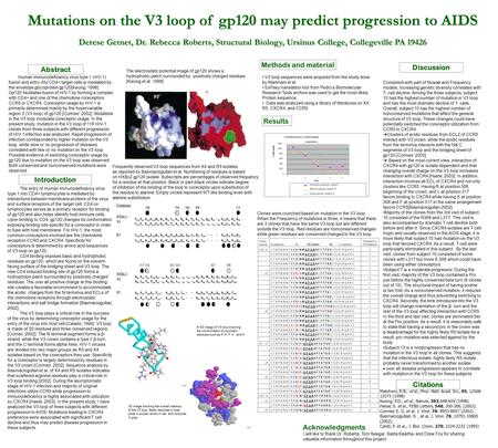Mutations on the V3 loop of gp120 may predict progression to AIDS Derese Getnet, Dr. Rebecca Roberts, Structural Biology, Ursinus College, Collegeville.