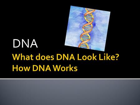 DNA.  Deoxyribonucleic acid  Genetic material  Material that determines inherited characteristics.  What does it look like?