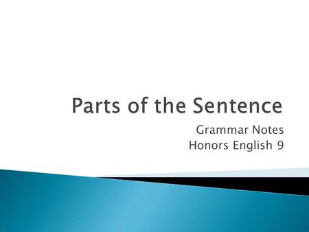 Grammar Notes Honors English 9.  Sentence: a group of words that contains a subject and its predicate, and makes a complete thought. ◦ To say anything.