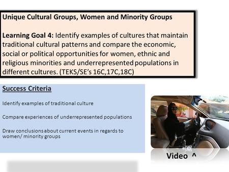 Unique Cultural Groups, Women and Minority Groups Learning Goal 4: Identify examples of cultures that maintain traditional cultural patterns and compare.