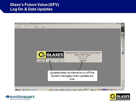 Glass’s Future Value (GFV) Log On & Data Updates Updates data via e-mail. System manages when updates are due Updates data via internet on or off line.