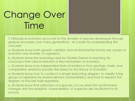 Change Over Time 7.3 Biological evolution accounts for the diversity of species developed through gradual processes over many generations. As a basis.