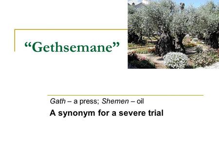 “Gethsemane” Gath – a press; Shemen – oil A synonym for a severe trial.