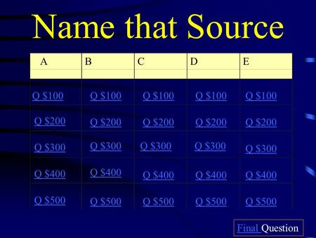 Name that Source ABCD E Q $100 Q $200 Q $300 Q $400 Q $500 Q $100 Q $200 Q $300 Q $400 Q $500 Final Final Question.
