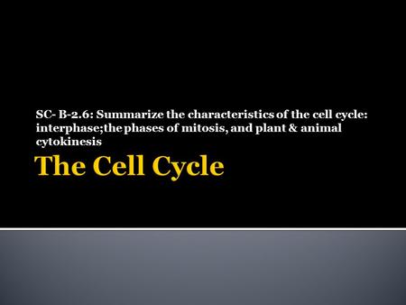 SC- B-2.6: Summarize the characteristics of the cell cycle: interphase;the phases of mitosis, and plant & animal cytokinesis.
