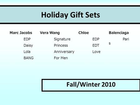 Holiday Gift Sets Fall/Winter 2010 Marc Jacobs EDP Daisy Lola BANG Chloe EDP EDT Love Vera Wang Signature Princess Anniversary For Men Balenciaga Pari.