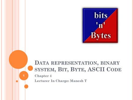 D ATA REPRESENTATION, BINARY SYSTEM, B IT, B YTE, ASCII C ODE Chapter 4 Lecturer In Charge: Manesh T 1.