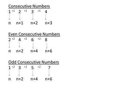 Consecutive Numbers 1 +1 2 +1 3 +1 4 n n+1 n+2 n+3 Even Consecutive Numbers 2 +2 4 +2 6 +2 8 n n+2 n+4 n+6 Odd Consecutive Numbers 1 +2 3 +2 5 +2 7 n n+2.