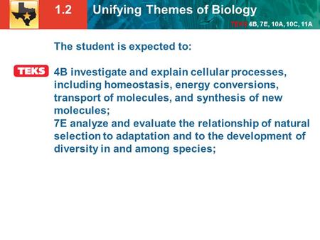 1.2 Unifying Themes of Biology TEKS 4B, 7E, 10A, 10C, 11A The student is expected to: 4B investigate and explain cellular processes, including homeostasis,