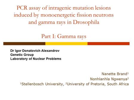 PCR assay of intragenic mutation lesions induced by monoenergetic fission neutrons and gamma rays in Drosophila Part I: Gamma rays Nanette Brand 1 Nonhlanhla.