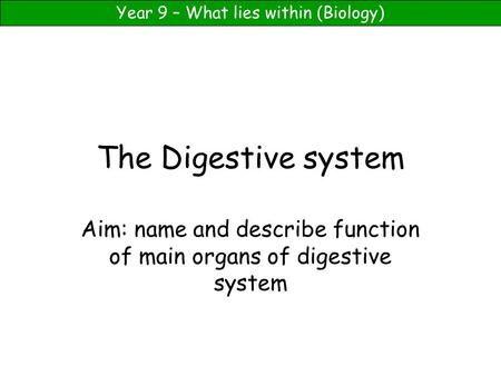 Year 9 – What lies within (Biology) The Digestive system Aim: name and describe function of main organs of digestive system.