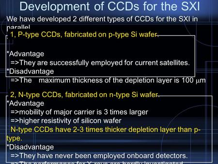 Development of CCDs for the SXI We have developed 2 different types of CCDs for the SXI in parallel.. *Advantage =>They are successfully employed for current.