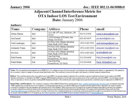 Doc.: IEEE 802.11-06/0088r0 Submission January 2006 Neeraj Sharma, IntelSlide 1 Adjacent Channel Interference Metric for OTA Indoor LOS Test Environment.