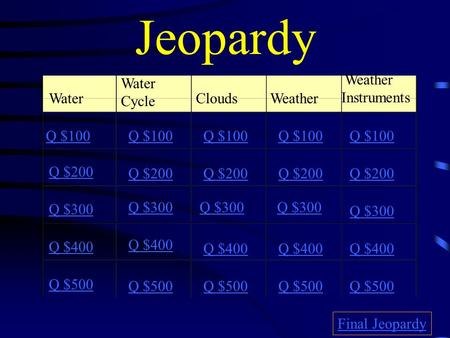 Jeopardy Water Water Cycle CloudsWeather Instruments Q $100 Q $200 Q $300 Q $400 Q $500 Q $100 Q $200 Q $300 Q $400 Q $500 Final Jeopardy.